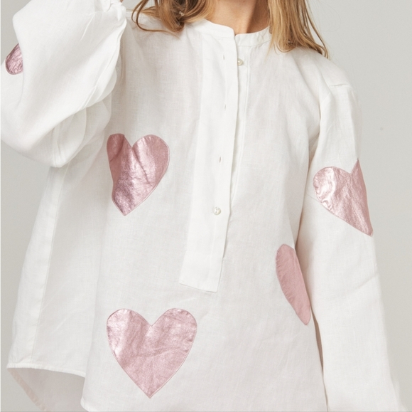 Cupid Linen Shirt - Off-White with Metallic Pink Hearts - Picture 4 of 4